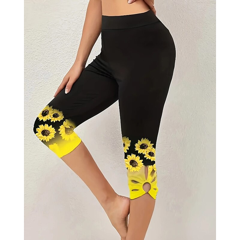 Women's Slacks Leggings Cozy Leggings Streetwear Casual Calf-Length Natural Flower Elastic Waist Print Soft Street Holiday Daily Wear Black Fall Regular Fit2
