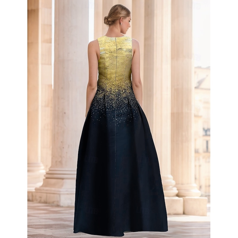 Glod and Black Jacquard Gown A-Line Evening Gown Elegant Dress Formal Wedding Floor Length Sleeveless V Neck Nylon with Slit Pocket4