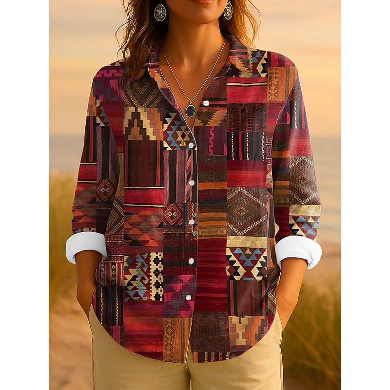 Women's Shirt Button Down Tunic Shirt Collar Long Sleeve Graphic Geometric Striped Vintage Tropical Daily Regular Tops Work Daily Patchwork s Print Red Blue Purple Orange Spring