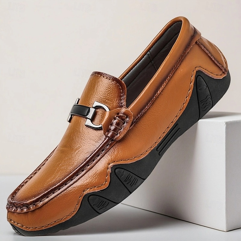 Men's Slip-On Faux Leather Loafers with Buckle – Casual Moc Toe Driving Shoes for Daily Wear Business & Travel