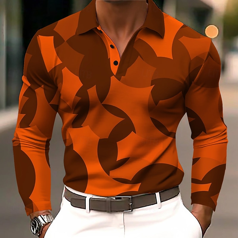 Men's Geometic Polo Long Sleeve Polo Shirts Lapel Casual Athleisure Daily Wear 3D Print Buttons Spring Fall Winter Blue Purple Orange