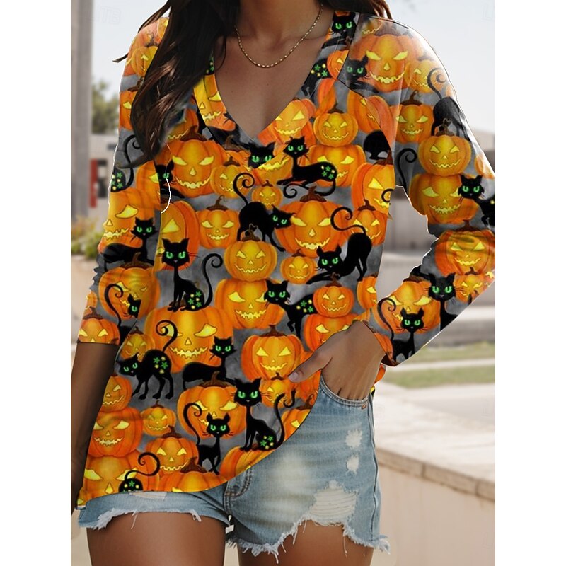 Halloween Women's T shirt Black Cat Long Sleeve V Neck Long Sleeve Graphic Casual Vintage Stylish Classic Regular Tops Daily Print Black Yellow Orange Spring Fall Prefall3