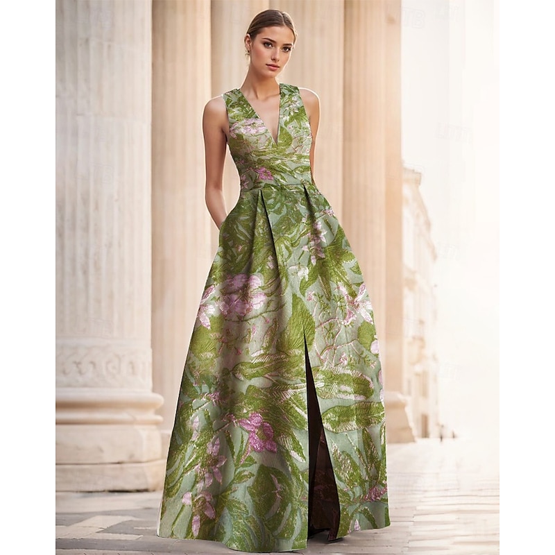 Jacquard Brocade Floral A-Line Evening Gown Elegant Dress Formal Wedding Floor Length Sleeveless V Neck Nylon with Slit Pocket Wedding Guest Dress3