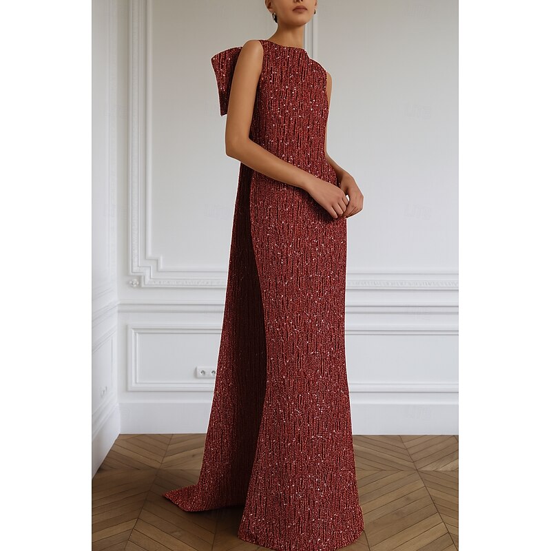 Black Tie Mermaid / Trumpet Crystal-embellished Jersey Evening Gown Elegant Dress Formal Wedding Floor Length Sleeveless Crew Neck with Detachable Bow(s)