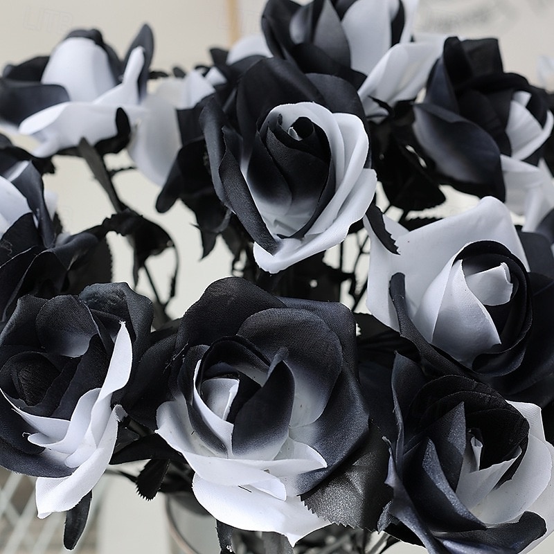 12 Bundles Halloween Black Rose Decorations, Dark Gothic Style Artificial Black and White Roses for Home Decor, Outdoor Photography, and Halloween Props2