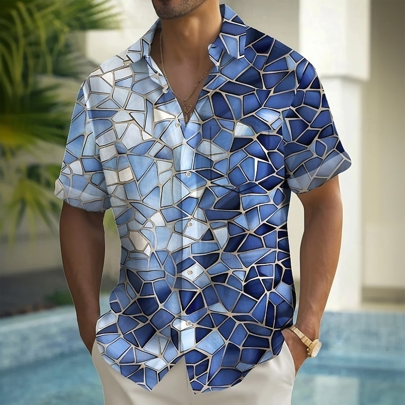 Men's Mosaic Glass Shirt Summer Shirt Button Up Shirt Short Sleeve Fashion Casual Outdoor Vacation Dailywear Summer Spring Turndown 3D Print Collared Shirts Front One Pocket Blue