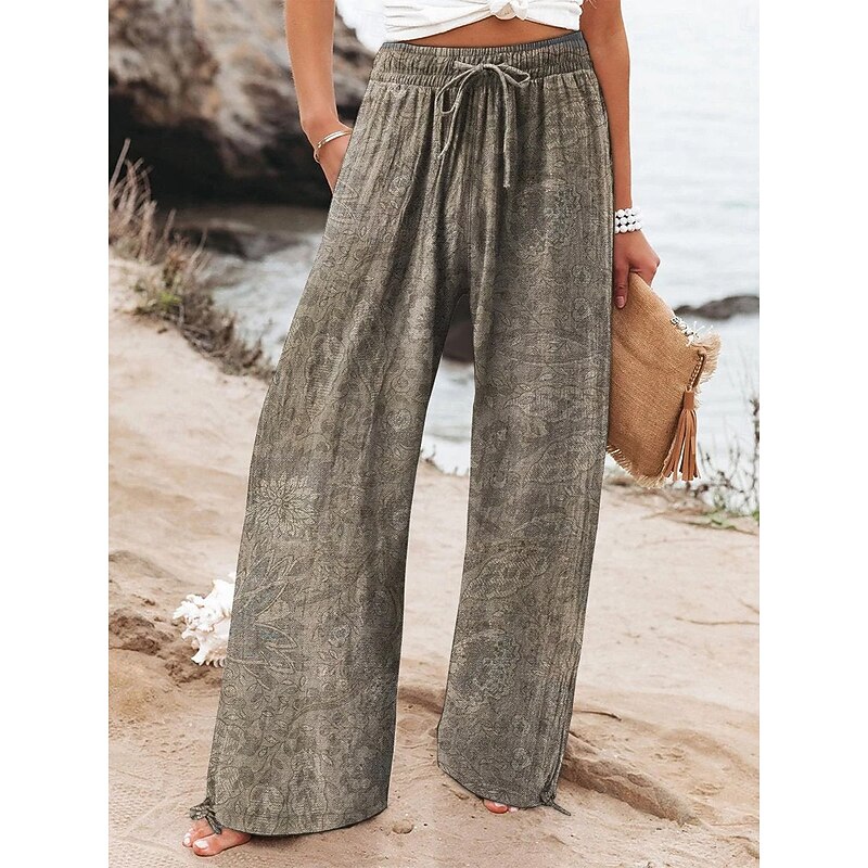 Women's Linen-Inspired Pants Wide Leg Palazzo Pants Fashion Boho Full Length High Waist Flower Elastic Waist Breathable Comfortable Micro-elastic Street Daily Wear Going out Black Red Blue Khaki3