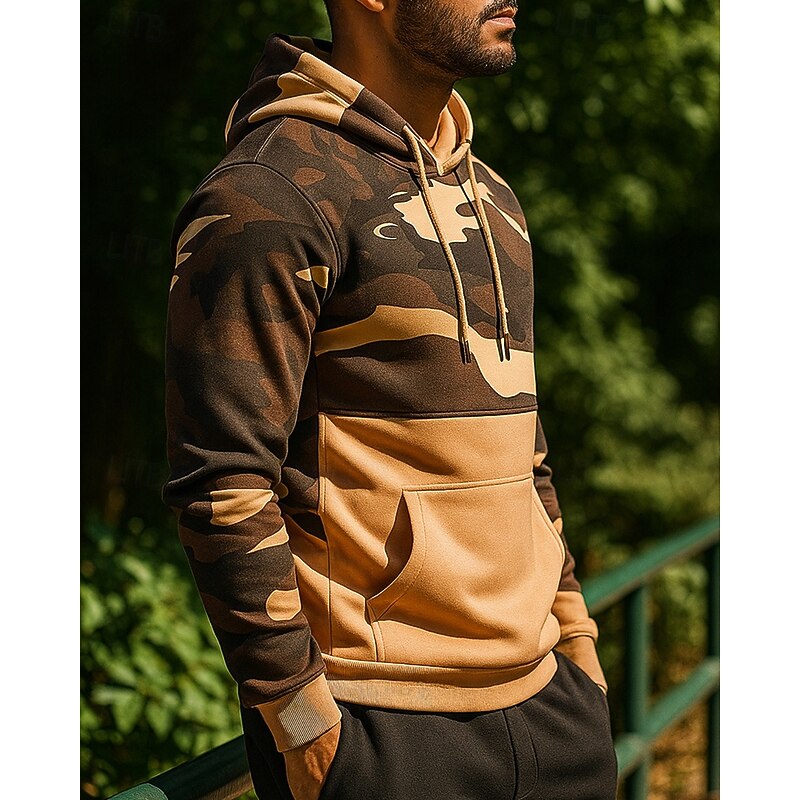 Men's Running Top Sports Sweatshirt Drawstring Pocket Long Sleeve Top Athleisure Camouflage Thermal Warm Outdoor Running Sportswear Activewear Black Green Khaki2