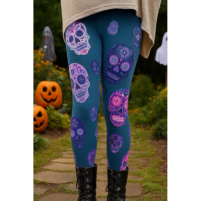 Women's Leggings Vacation Vintage Ethnic Style Ankle-Length High WaistPantsHalloween Graphic Skull 3D Print Quick Dry Breathability Soft High Elasticity Outdoor Home Causal Lake blue Purple Fall Slim2