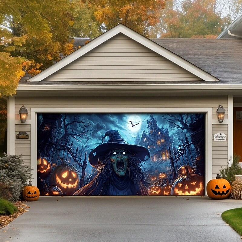 Halloween Garage Door Cover – Witch with Pumpkins & Bats, Outdoor Decoration for 2025 Halloween Home Front Yard2