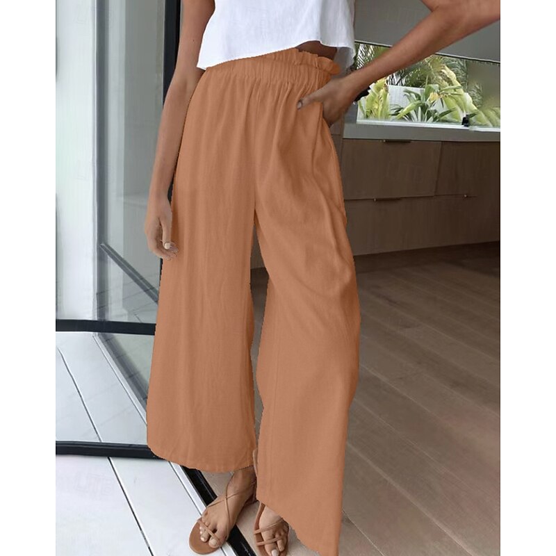 Women's Wide Leg Slacks Streetwear Casual Full Length Natural Plain Elastic Waist Comfortable Holiday Daily Wear Weekend claret Rust Navy White Fall Regular Fit