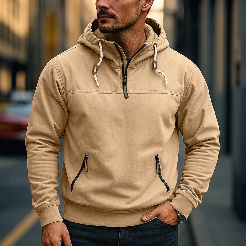 Men's Hoodie Quarter Zip Hoodie Tactical Hoodie Black Navy Blue Camel Green Hooded Plain Patchwork Sports & Outdoor Casual Daily Streetwear Cool Sportswear Fall Winter Clothing Apparel Hoodies