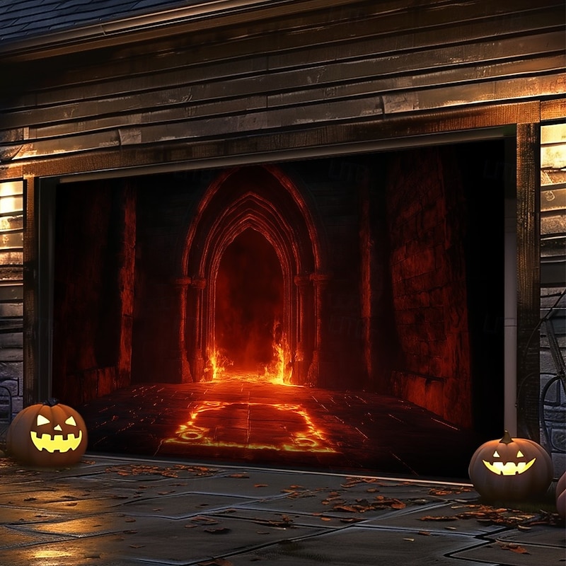 Halloween Garage Door Cover Banner Backdrop – Hellfire Portal with Fiery Flames, Oversized for Garage Door, Photo-Ready Haunted Decoration for 2025 Halloween Home Front Yard2