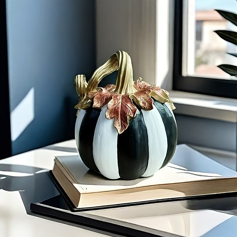 Charming Black & White Plaid Pumpkin Figurine - Resin Autumn Tabletop Decor, Perfect for Thanksgiving & Halloween, Versatile Indoor/Outdoor Home Centerpiece