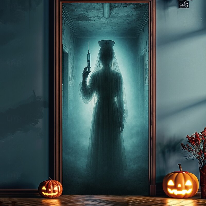 Halloween Door Cover – Shadowy Ghostly Figure in Fog, Haunted House Entrance Banner, Creepy Outdoor 2025 Halloween Decoration for Bedroom, Living Room, Bathroom
