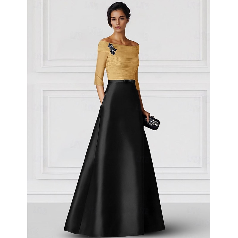 Black Gold White Mother of the Bride A-Line Evening Gown Elegant Dress Formal Wedding Floor Length Half Sleeve Off Shoulder Pocket Satin with Ruched