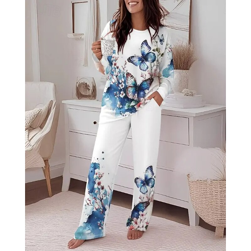 Women's Fashion T Shirt Pants Sets Long Sleeve Round Neck Floral Graphic Butterfly Print Casual Daily Blue Spring Regular Fit