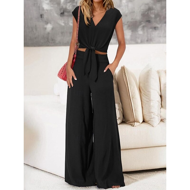 Women's Fashion Streetwear Daily Pants Sets Short Sleeve V Neck Solid Color Lace up Casual Daily Black Dark Navy Navy Blue Summer Regular Fit3