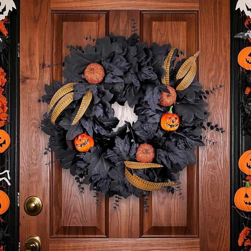 Halloween Wreath for Front Door Indoor Outdoor Decoration, Black Maple Leaf and Twig Garland with Faux Pumpkins, Spooky Vine Ring for Party Decor