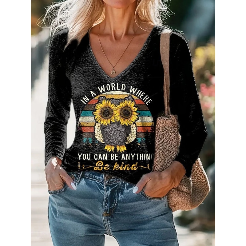 Women's Blouse Sunflower Letter Daily Stylish Long Sleeve V Neck Regular Tops Daily Holiday Print Black Yellow Summer Spring Fall