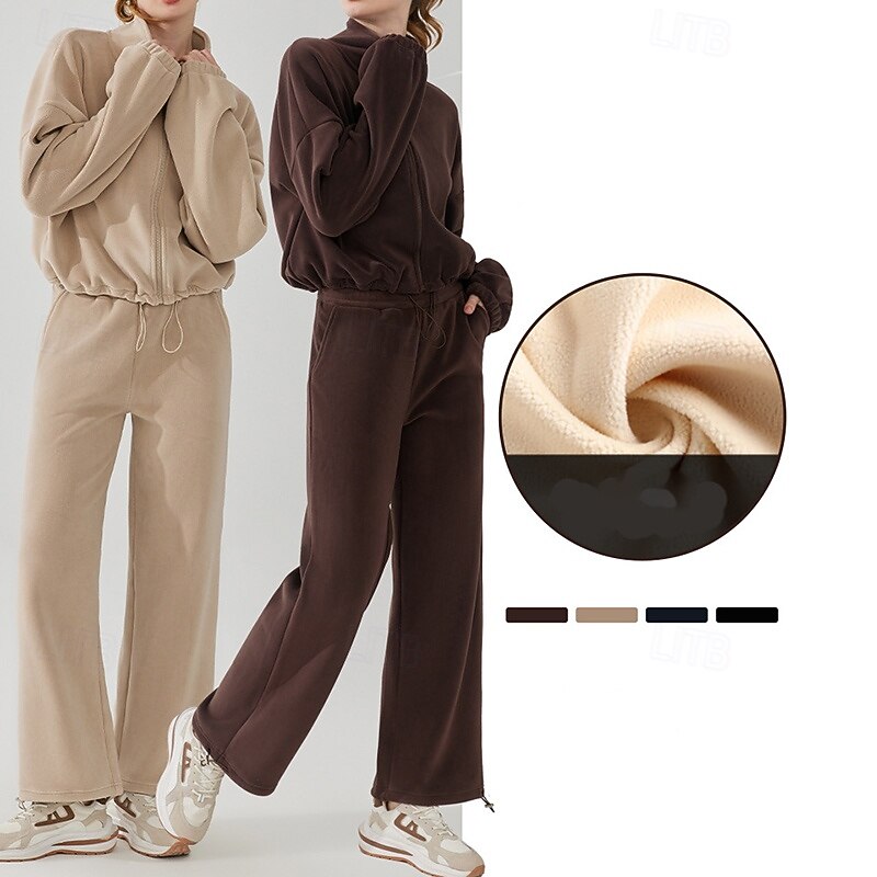 Women's Sport Suit Fleece Sweatsuit Fall Pocket Full Zip Solid Color Clothing Suit Black Khaki Outdoor Running Yoga High Waist Windproof Lightweight Warm Long Sleeve Sport Activewear Loose Fit