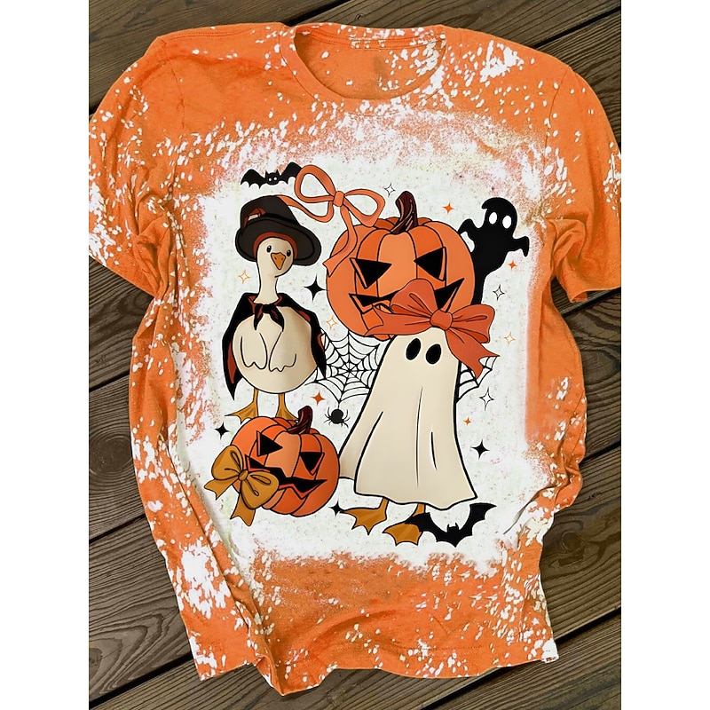 Halloween Women's T shirt Pumpkin Graphic Ghost Duck Vintage Stylish Classic Short Sleeve Crew Neck Regular Tops Daily Weekend Print Pink Blue Purple Orange Green Summer Spring Fall