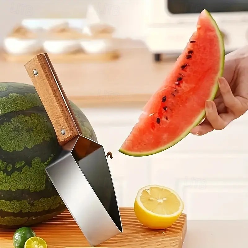 Stainless Steel Melon Slicer with Triangular Blades, Ergonomic Wooden Handle Fruit Cutter, Durable and Safe Kitchen Tool for Watermelon, Cantaloupe, and More