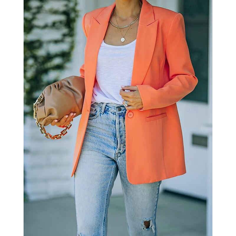Women's Blazer Comfortable Breathable Pocket Fashion Modern Plain Work Daily Regular Turndown Regular Fit Long Sleeve Outerwear Pink Orange Green Spring Fall3