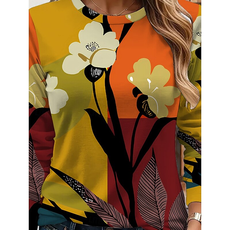 Women's T shirt Crew Neck Long Sleeve Tunic Floral Graphic Geometric Vintage Stylish Classic  Round Neck Regular Tops Daily Print Yellow Red Blue Purple Orange Fall3