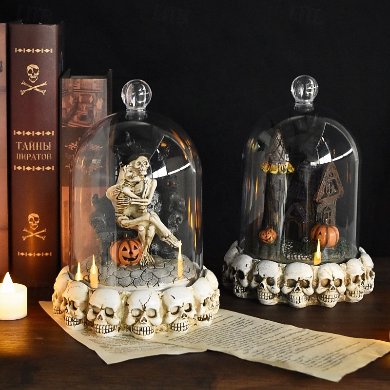 Halloween Skeleton Couple LED Resin Figurines, Spooky Haunted House Tabletop Decorations for Halloween Party, Festival Atmosphere Props2