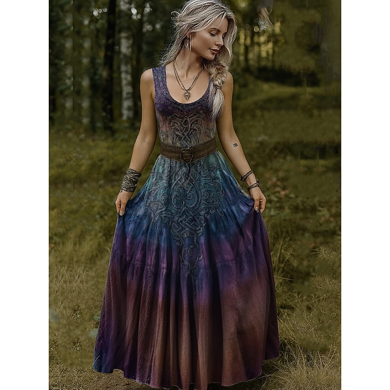 Women's Vintage Viking Celtic Knot Gradient Art Dress Pleated Dress Vacation Casual Boho Standard Fit Graphic Abstract Sleeveless V Neck U Neck Fuchsia Orange Amethyst