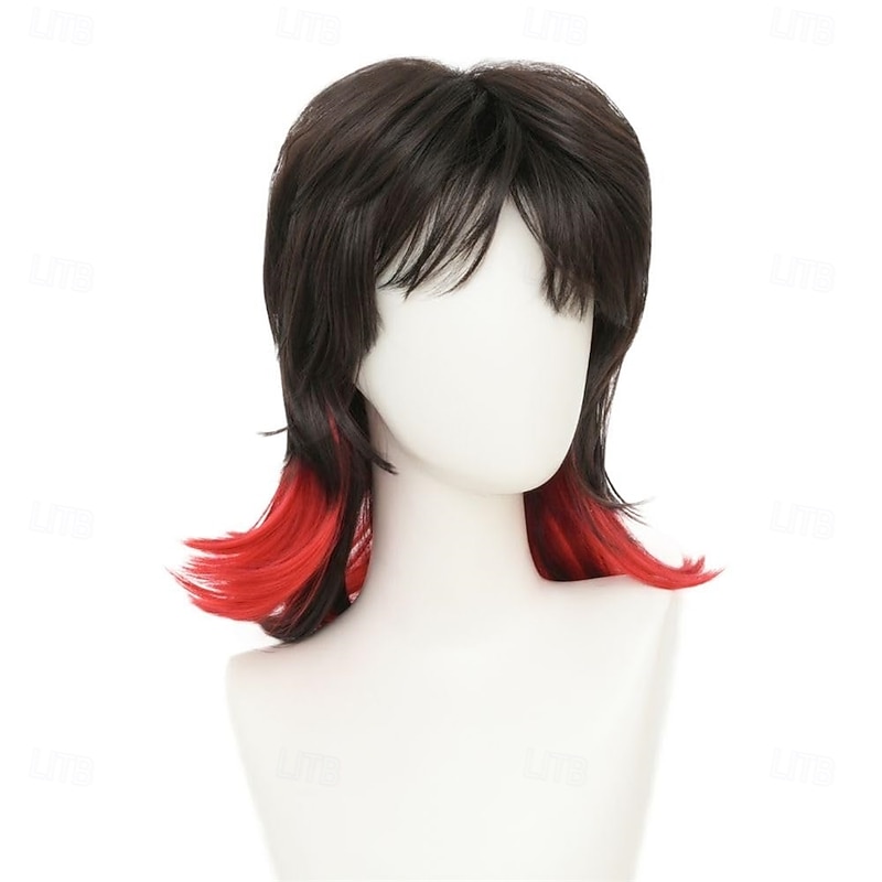 Black Red Mullet Wig for Women Shoulder Length Layered Shaggy Wig with Bangs Synthetic Full Wigs for Cosplay Daily Party Use4