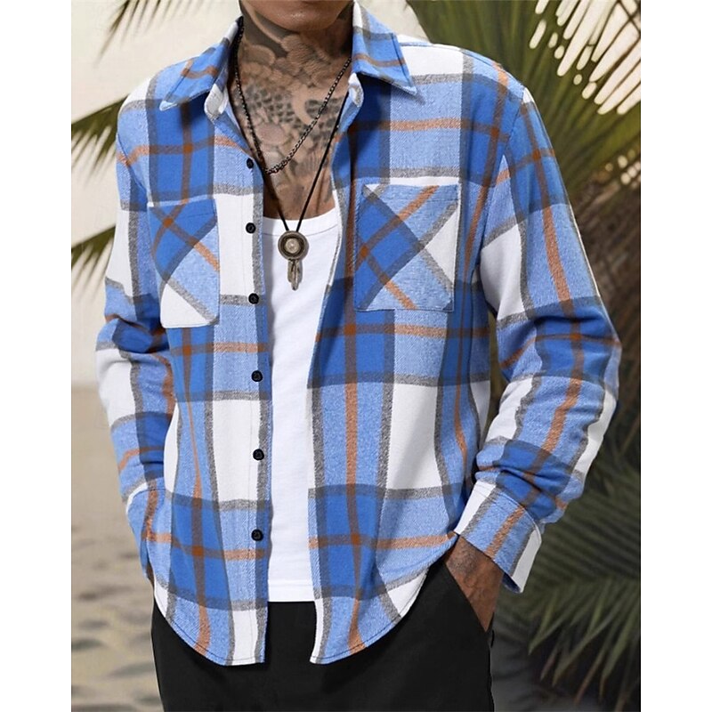 Men's Lightweight Jacket Shirt Jacket Casual Jacket Shacket Vacation Daily Breathable Pocket Spring Fall Plaid Fashion Classic Lapel Regular Blue Khaki Jacket