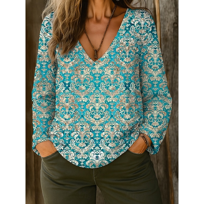 Women's Shirt Blouse Floral Retro Vintage Ethnic Long Sleeve V Neck Regular Tops Daily Holiday Print Black White Blue Khaki Apricot Summer Spring Fall3