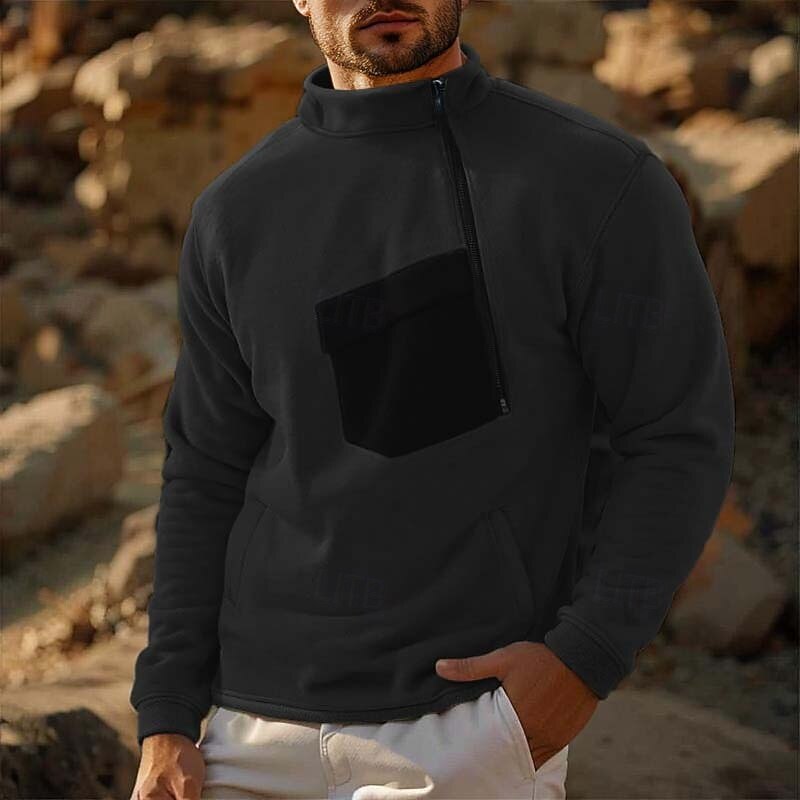 Men's Fleece Hoodie Black Army Green Gray Crew Neck Standing Collar Plain Zip Up Front Pocket Sports & Outdoor Casual Daily Cool Designer Sportswear Fall & Winter Clothing Apparel Hoodies Sweatshirts3