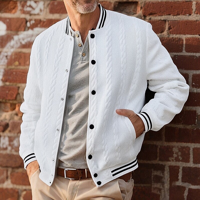 Men's Lightweight Jacket Casual Jacket Varsity Jacket Vacation Daily Breathable Pocket Jacquard Spring Fall Striped Fashion Classic Stand Collar Regular White Navy Blue Brown Khaki Gray Jacket