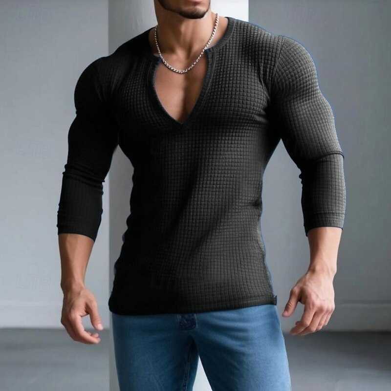 Men's Waffle T-shirt T Shirt Long Sleeve V Neck Open Front Spring &  Fall Solid Color Textured Modern V Neck Outdoor Home Sports & Outdoor Black Navy Blue Top Tee for Men4