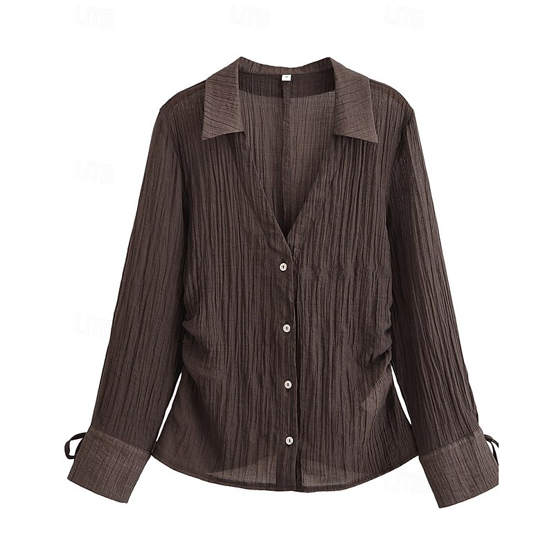 Women's Shirt Texture Blouse Summer Tops Plain Daily Stylish Basic Long Sleeve Shirt Collar Regular Tops Work Daily Holiday Buttons Brown Spring Fall