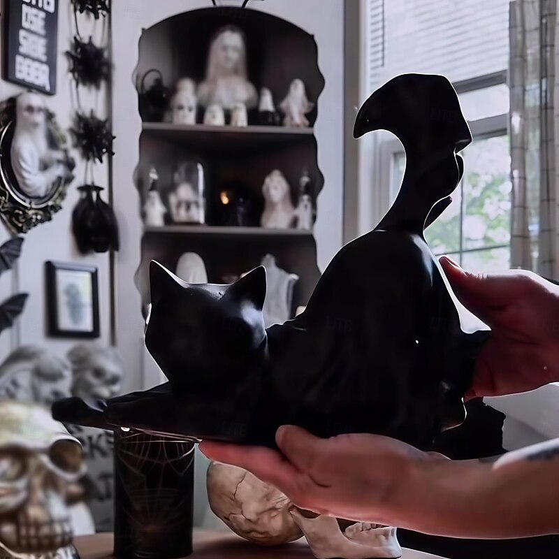 Halloween Black Cat Sculpture Ghost Black Cat Halloween Ornament Cute Resin Spooky Cats for Indoor/Outdoor Halloween Party Decoration Perfect Halloween Gift for Cat Lovers4