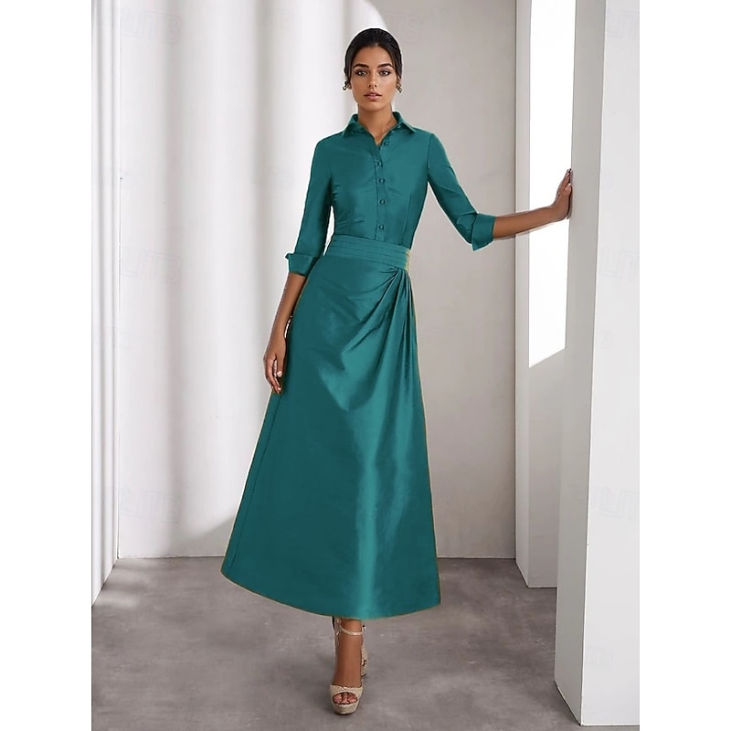 A-Line Mother of the Bride Cocktail Dresses Elegant Formal Wedding Guest Ankle Length Long Sleeve Shirt Collar Taffeta with Slit4