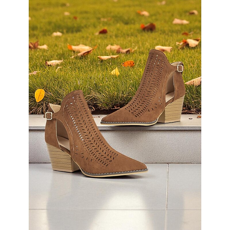 Women's Brown Suede Cutout Ankle Booties - Western Vintage 1970s Style Chunky Heel Side Zipper Boots for Ladies, Ideal for Music Festivals, Fall Outfits, and Halloween Costumes3