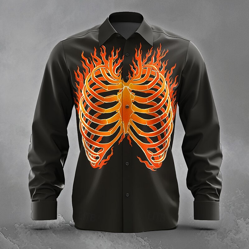 Men's Bone Flame Halloween Costumes Shirt Button Up Shirt Long Sleeve Dark Gothic Style Holiday Streetwear Summer Spring Turndown 3D Print Collared Shirts Blue Purple Orange Green