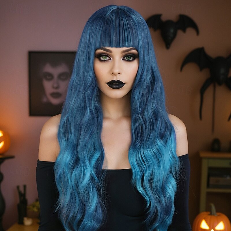 Long Tea Blue Wavy Wig for Women – Full Head Cap, Natural-Looking, Large Waves, Full Bangs, Perfect for Halloween, Cosplay, and Fashion Looks3