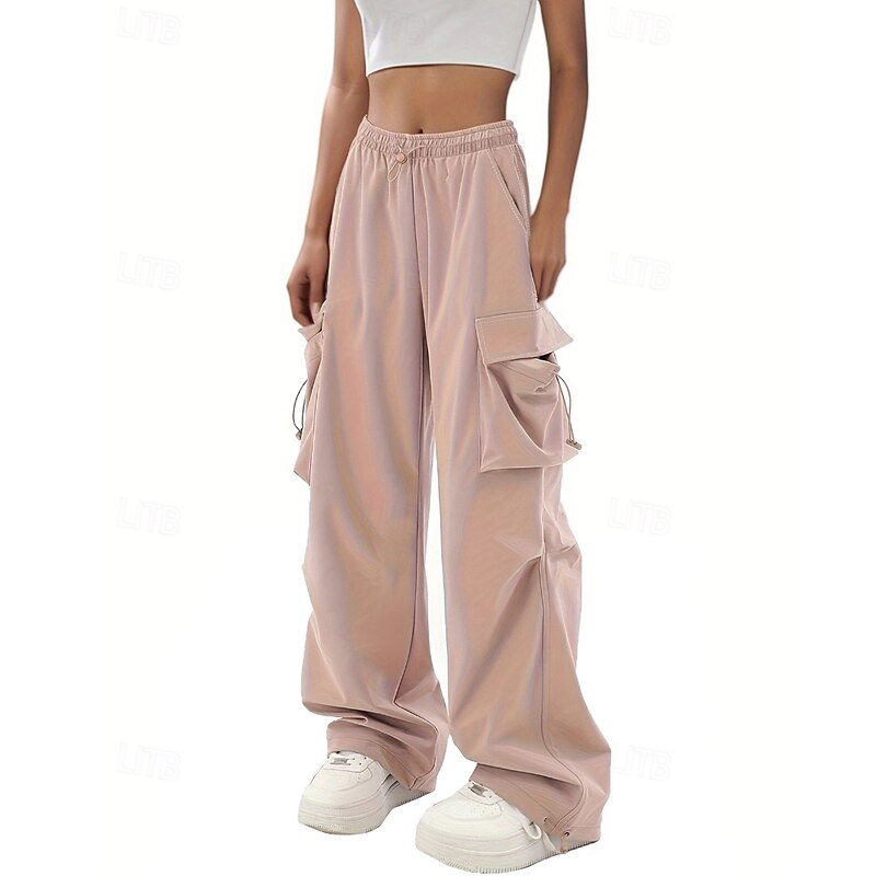 Women's Cargo Pants Slacks Streetwear Casual Full Length Natural Plain Pocket Elastic Drawstring Design Soft Street Holiday Weekend Black Pink Fall Regular Fit