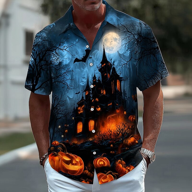 Halloween Men's Pumpkin Cemetery Halloween Costumes Shirt Button Up Shirt Short Sleeve Dark Punk Gothic Style Holiday Streetwear Summer Spring Turndown 3D Print Collared Shirts Dark Blue#1 Dark Blue2