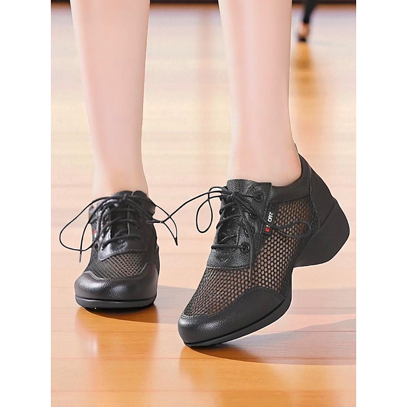 Women's Breathable Mesh Jazz Dance Sneakers - Lightweight Lace-Up Shoes for Professional Practice and Performance