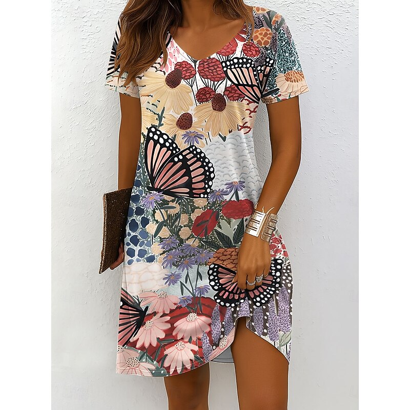 Women's Mini Dress Casual Dress T Shirt Dress Tee Dress Sundress A Line Dress Vacation Casual Boho Beach Regular Fit Ombre Floral Graphic Short Sleeve V Neck White Yellow Pink Green Summer Spring