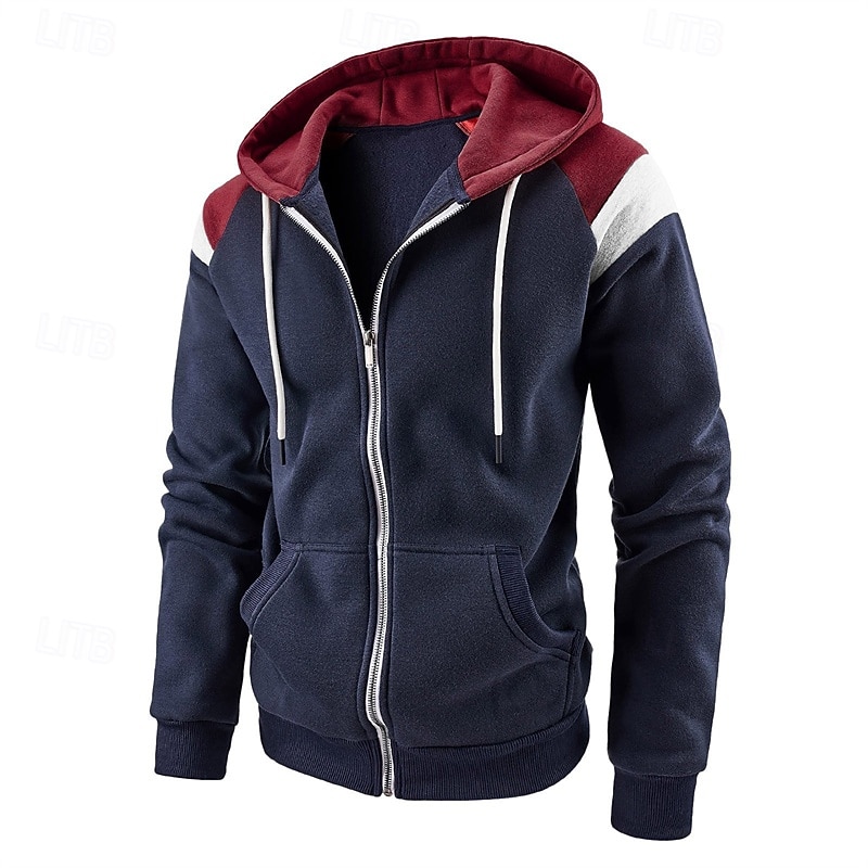 Men's Hoodie Full Zip Hoodie Black Red Navy Blue Khaki Dark Gray Hooded Color Block Patchwork Pocket Drawstring Sports & Outdoor Daily Holiday Polyester Streetwear Basic Casual Spring Fall Clothing4