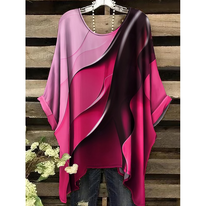 Women's Blouse Graphic Geometric Color Block Vintage Daily Casual Half Sleeve Batwing Sleeve Crew Neck Regular Tops Daily Holiday Beach Wear Asymmetric Pink Purple Orange Green Gray Summer Spring4