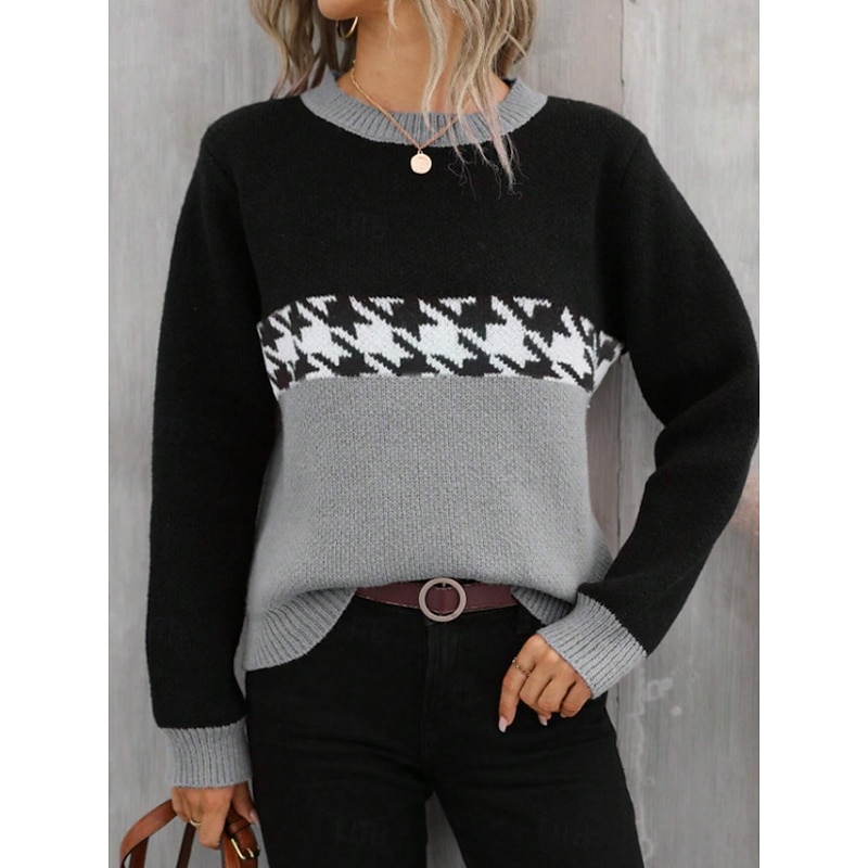 Women's Sweater Casual Soft Houndstooth Ribbed Crew Neck Knitted Long Sleeve Regular Tops Knit Outdoor Daily Weekend Pink Fuchsia Fall Winter
